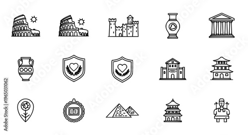 Global Cultural Heritage Line Icons Iconic Landmarks, Historical Sites, and Ancient Civilizations Vector Set