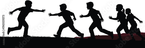 Silhouettes of children running and playing outdoors.