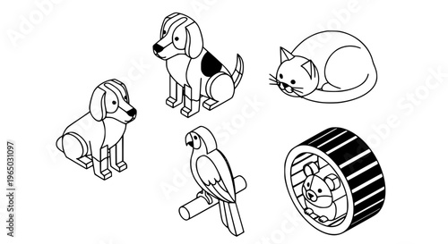 Delightful Isometric Vector Illustrations Capturing the Essence of Domestic Animal Companionship and Pet Care in a Minimalist Style