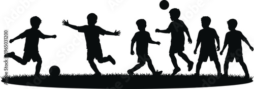 Group of boys playing soccer on grassy field, dynamic action silhouettes, children playing sports.