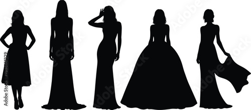 Five female silhouettes in elegant dresses, fashion models posing, formal gowns collection.