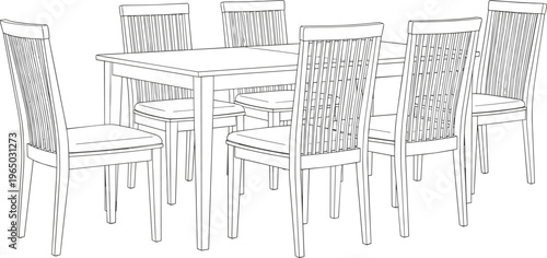 Dining table and chairs, outline sketch of furniture for interior design.