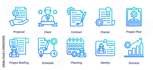 Construction project planning icon set featuring proposal,contract,scheduling,and business strategy.Ideal for planning,management,and workflow concepts.