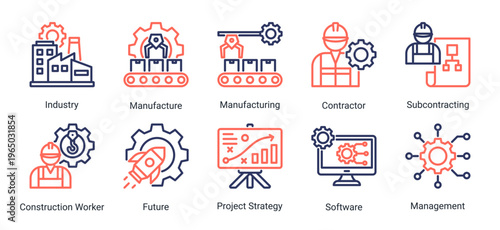 Construction industrial and execution icon set featuring manufacturing,contractor,workforce,and development strategy.Ideal for industrial and project execution concepts.