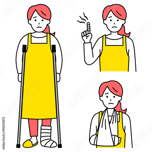 指・腕・足の怪我をしているエプロン姿の女性のセット