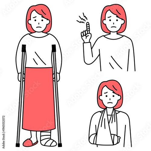 指・腕・足の怪我をしている若い女性のセット