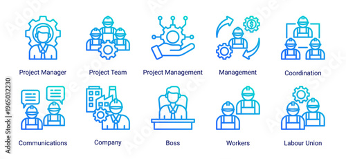 Construction team and management icon set featuring leadership,coordination,workforce,and communication.Ideal for organization and business management concepts.