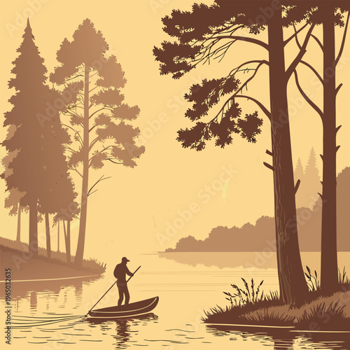 Person Paddleboarding on Misty Autumn Lake with Colorful Trees