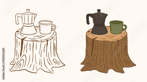 mug cup and kettle on a wooden log tree illustration line art doodle and color