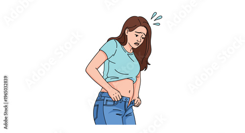 Young woman looking stressed while trying to button up a pair of tight blue jeans reflecting weight gain or sizing issues.