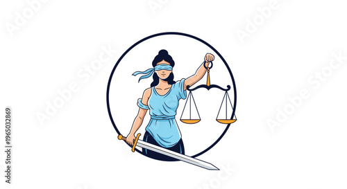 Lady Justice blindfolded and holding scales and a sword inside a circular frame representing law, fairness, and legal system.
