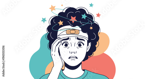Young boy looking dizzy and disoriented with colorful stars spinning around his bandaged head after an accidental head injury.