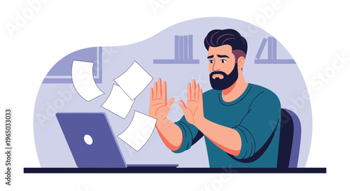 Stressed businessman sitting at a laptop with sheets of paper flying away while he tries to manage a heavy workload or deadline.