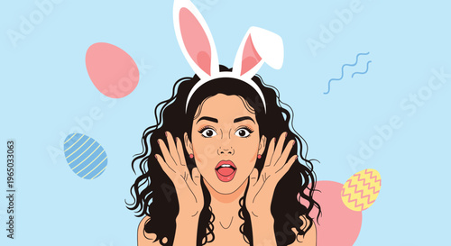 Excited young woman with long curly hair wearing white bunny ears and looking surprised among colorful Easter egg decorations.