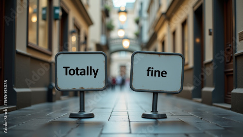 Street signs stating totally fine representing normalization of issues denial of problems and passive perception within political systems