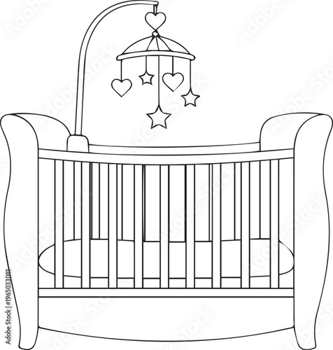 A baby crib with a mobile