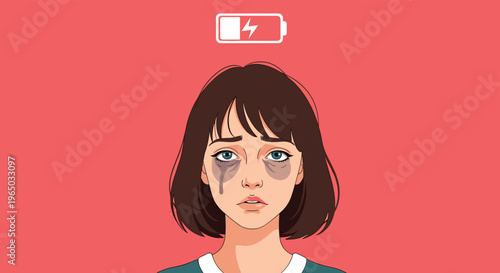 Exhausted woman with dark circles under her eyes standing below a red low battery symbol representing burnout and fatigue.
