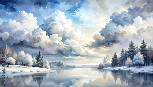 Serene Winter Landscape Featuring a Frozen Lake Surrounded by Snow Covered Pine Trees and Dramatic Fluffy Clouds in a Watercolor Art Style
