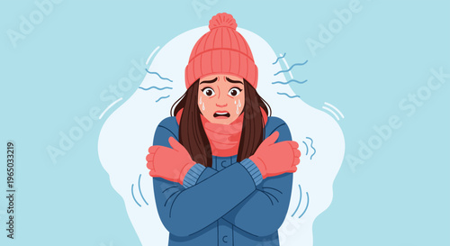 Young woman wearing a winter hat, jacket, and gloves shivering and looking cold against a light blue frozen background.