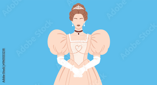 Elegant princess with a tiara and pearl jewelry wearing a classic light pink gown with puffy sleeves on a blue background.