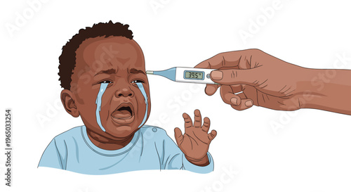 Distressed African American baby crying while a digital thermometer is being used to check his high body temperature.