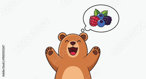 Happy brown bear with paws raised thinking about a delicious mix of colorful berries like raspberries and blueberries.