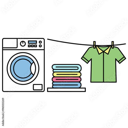 Washing machine, folded laundry, and shirt drying on clothesline