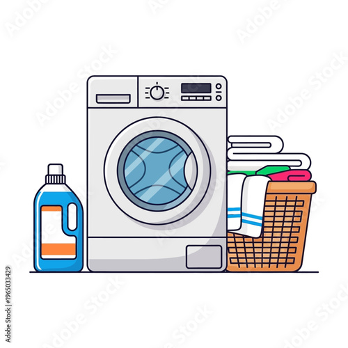Washing Machine, Laundry Basket, and Detergent Bottle - Clean Clothes Concept