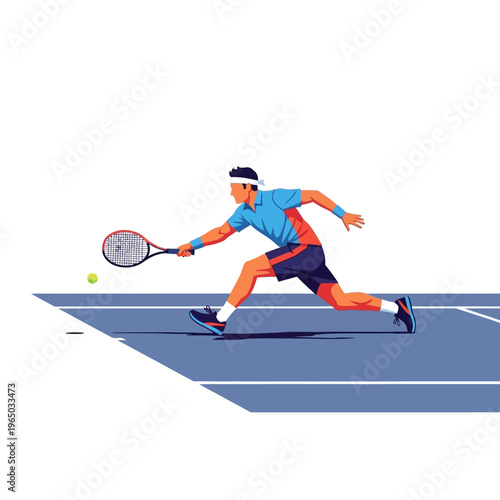 Male tennis player hitting forehand on blue court, dynamic action shot