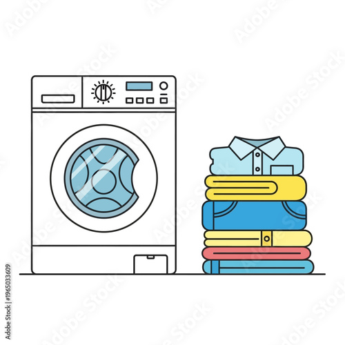 Clean Laundry Stack Next to Washing Machine, Flat Design