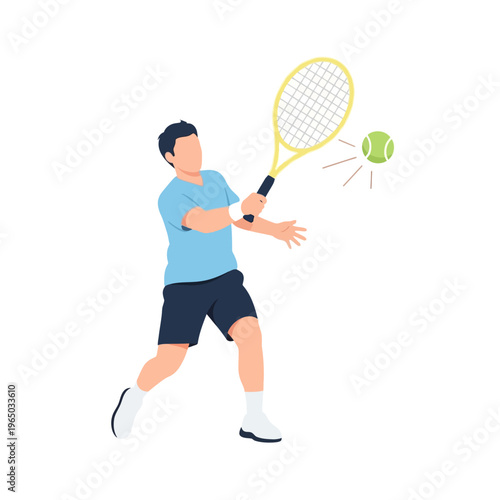 Man playing tennis, hitting ball with racket, active sport, flat design