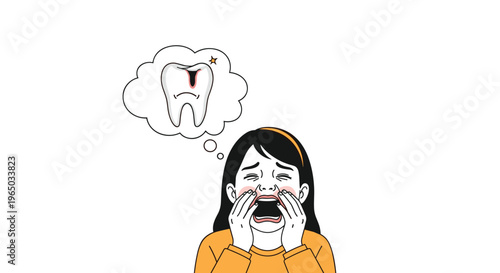 Little girl crying and holding her cheeks in pain while thinking about a decayed tooth with a large cavity and a star.