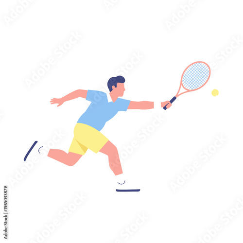Man Playing Tennis, Reaching for Ball, Dynamic Action Shot, Flat Design