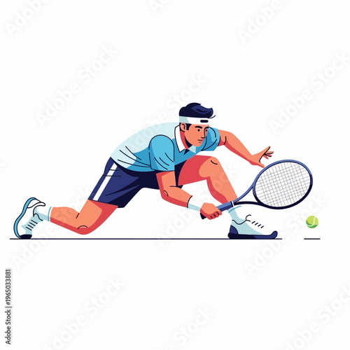 Man playing tennis, lunging to hit a forehand shot, dynamic action illustration.
