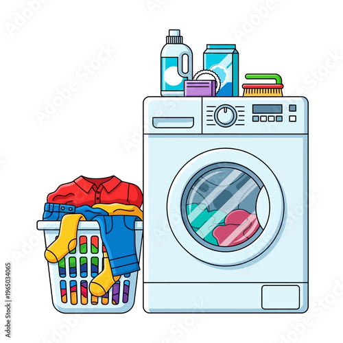 Laundry day concept: washing machine, basket full of clothes, and cleaning supplies.