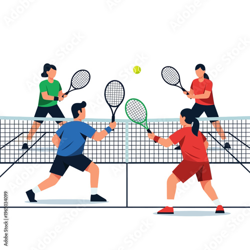 Mixed Doubles Tennis Match: Four players in action on court, hitting ball over net