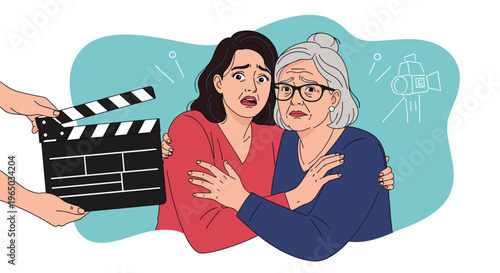 Two women looking terrified and embracing while a clapperboard is being held in front of them during a movie film production.