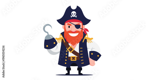 Friendly pirate character with a red beard, an eyepatch, and a hook hand wearing a classic captain's hat and coat.