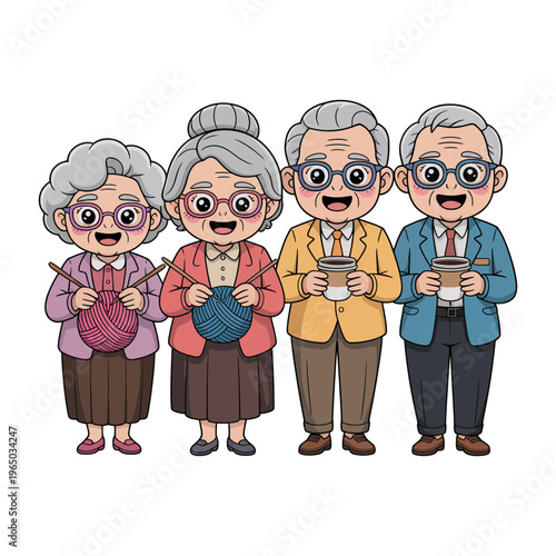 Senior citizens illustration with knitting and coffee in a cartoon style
