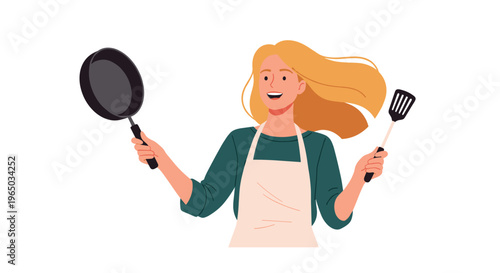Cheerful young woman wearing an apron holding a frying pan and spatula while preparing to cook a delicious meal at home.