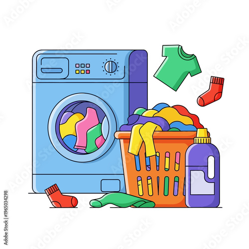 Laundry Day: Washing Machine, Basket of Clothes, Detergent, and Flying Socks