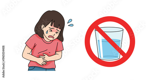 Young girl suffering from stomach pain or dehydration standing next to a prohibited glass of water icon indicating medical restrictions.