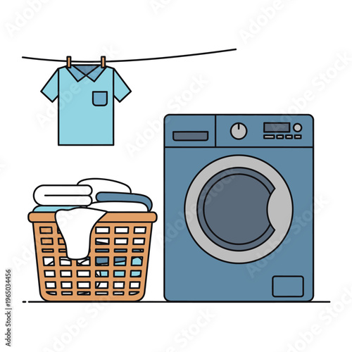 Laundry day: washing machine, clothes basket, and shirt drying on a line