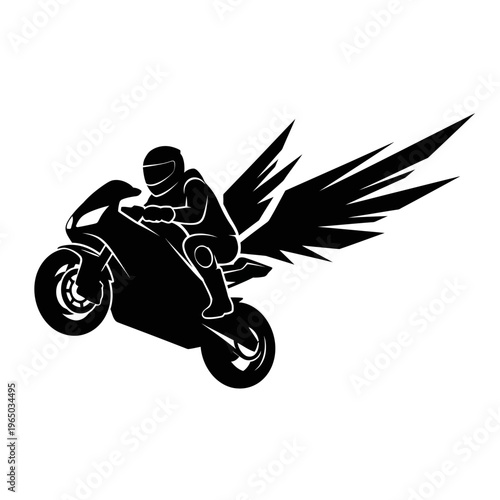 Silhouette of a motorcyclist with wings on a sports bike, isolated on white