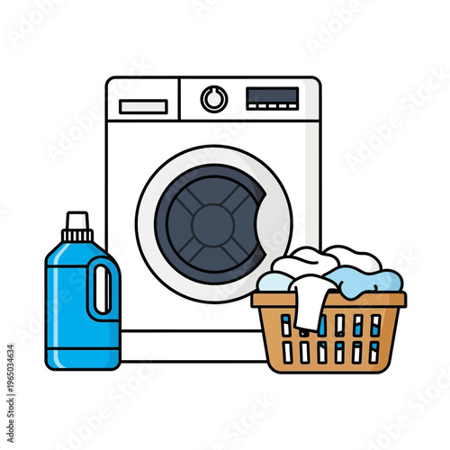 Laundry Day: Washing Machine, Detergent Bottle, and Clothes Basket - Flat Design