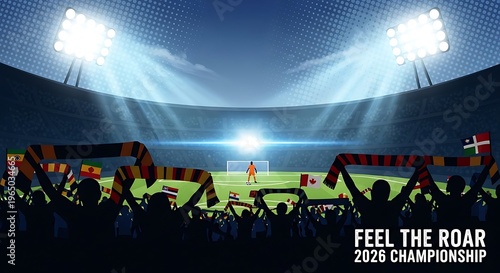 Soccer stadium background with cheering crowd silhouettes, flags, and player on field for 2026 championship event