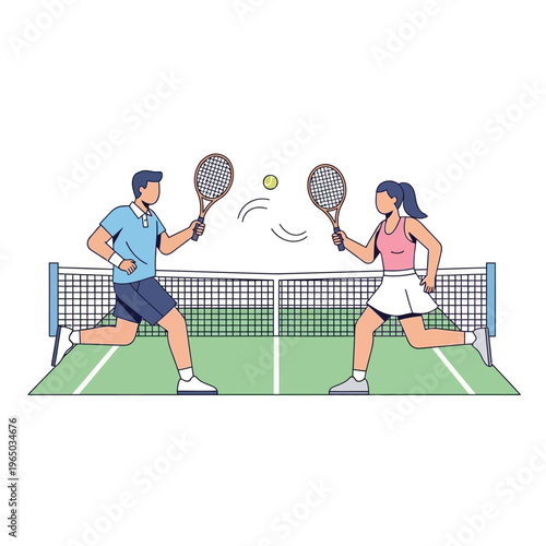 Tennis Couple Playing Match on Court, Dynamic Action Illustration