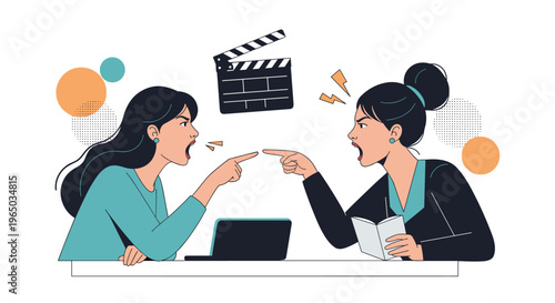 Two professional women in an office environment pointing fingers and arguing loudly during a stressful workplace conflict or movie scene.