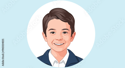 Happy young boy with short brown hair wearing a blue suit jacket and white shirt smiling warmly inside a white circle.