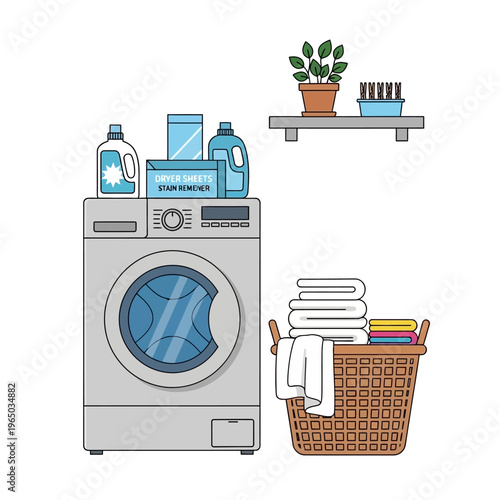 Laundry Room Scene: Washing Machine, Dryer Sheets, Towels, and Plant
